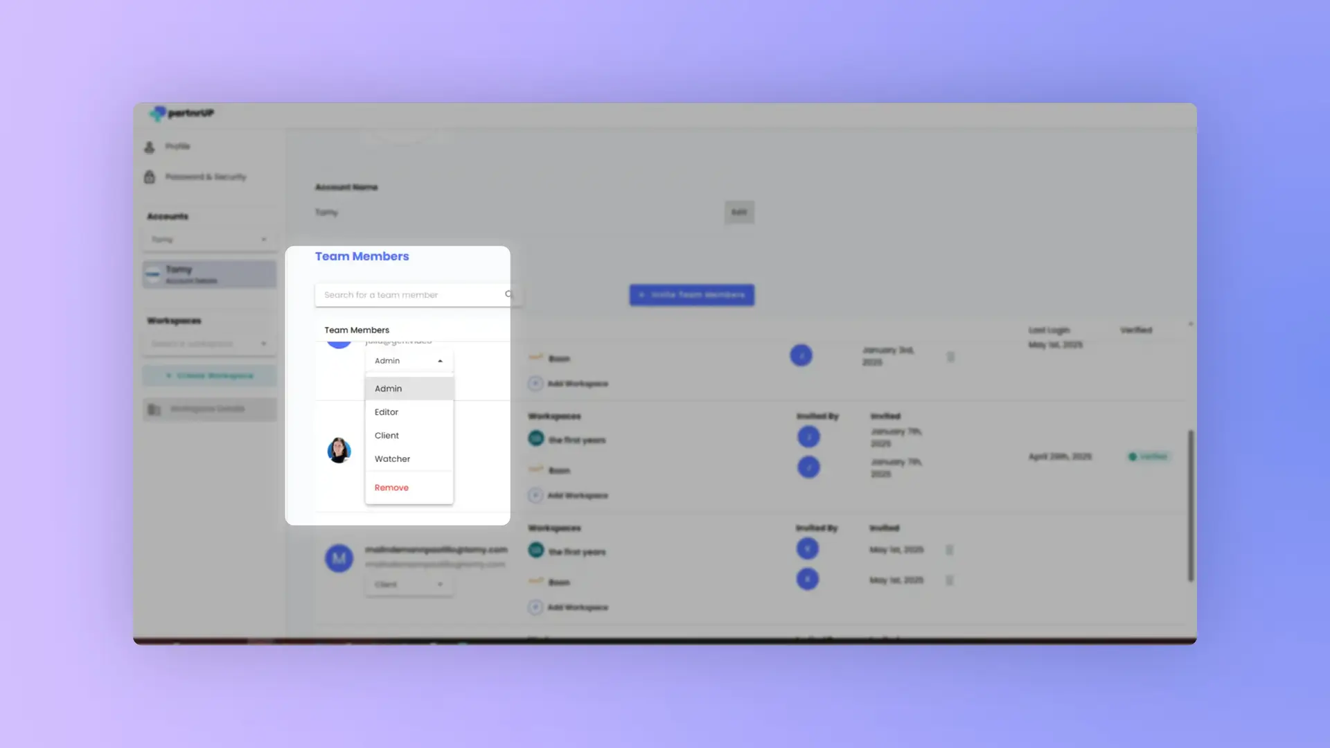 partrnrUP platform account details screen showing team member management options for the Tomy account.