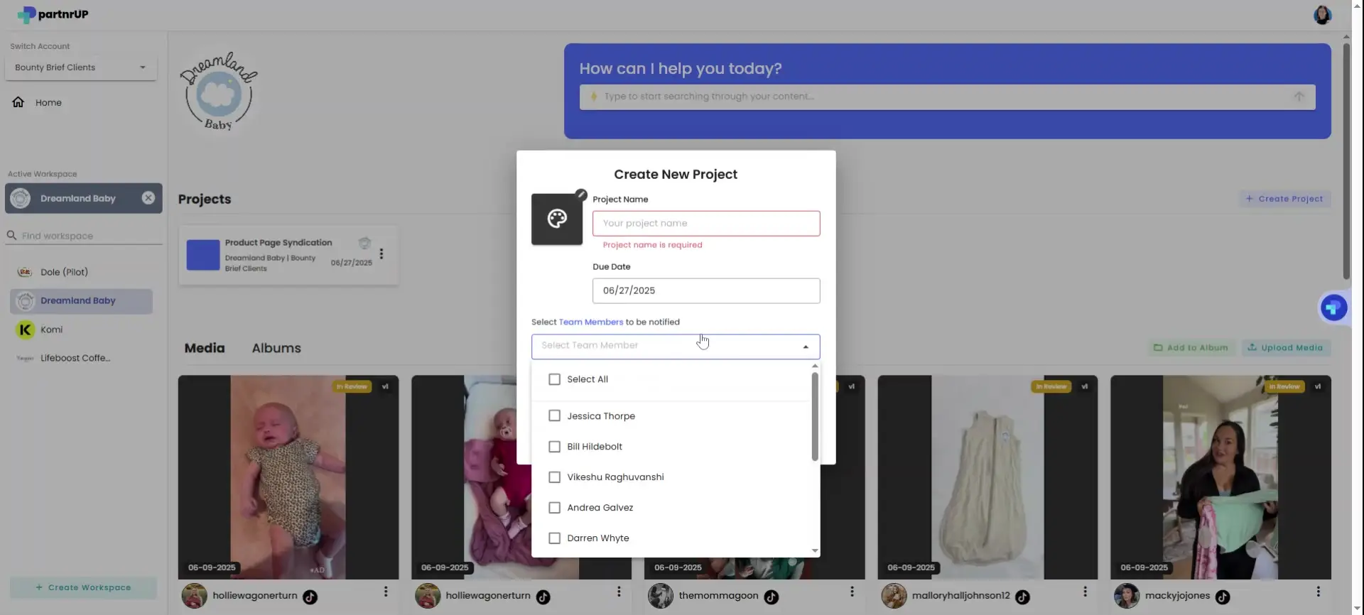 gen.video platform Create New Project interface in Dreamland Baby workspace