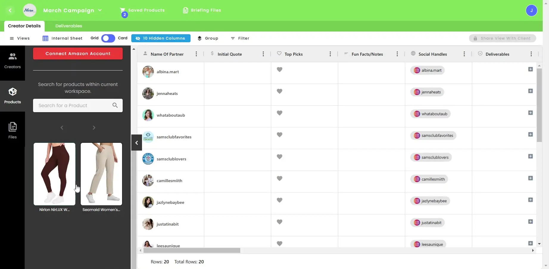 gen.video March Campaign product management screen showing influencer list and product search.