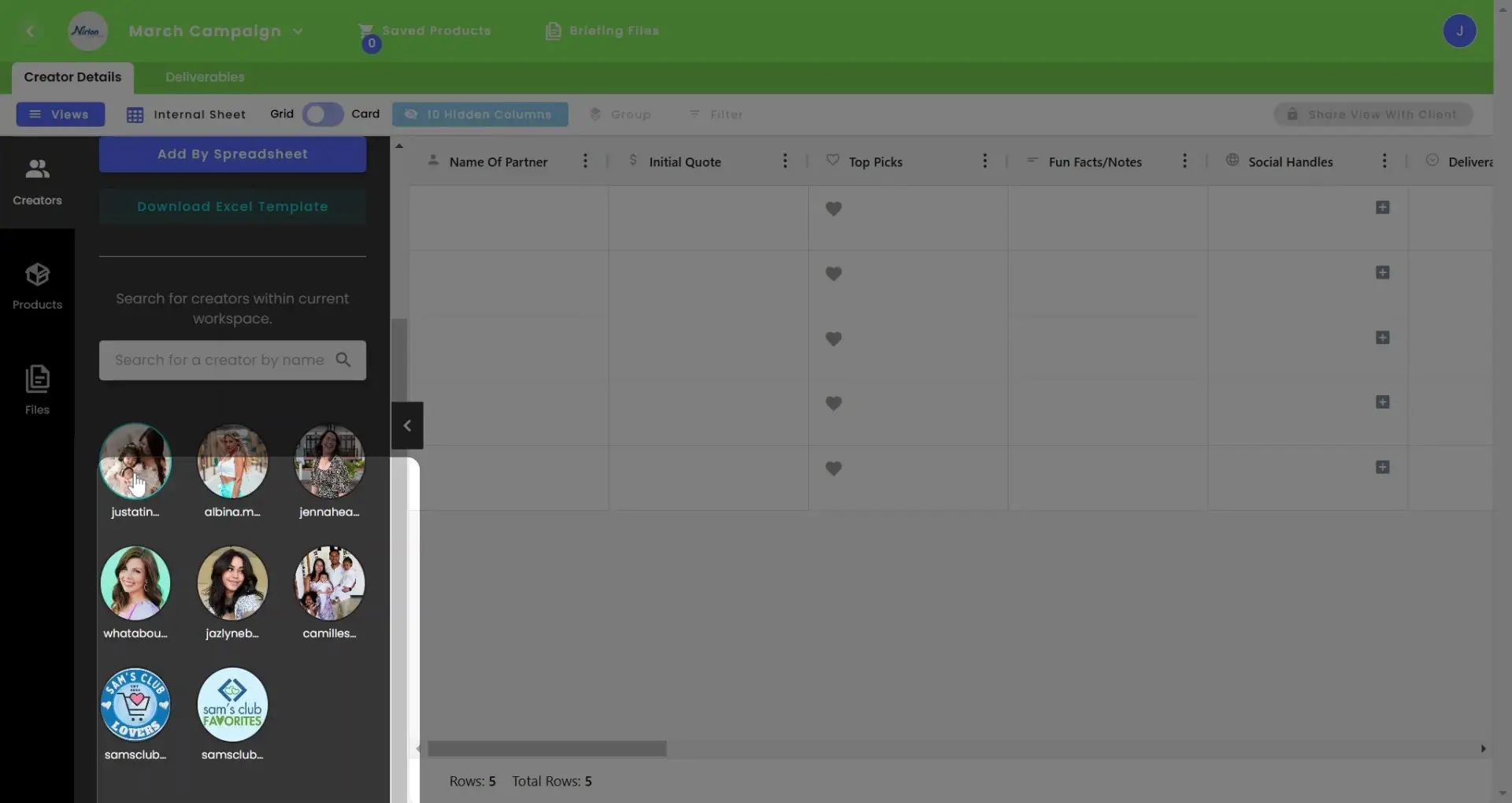 gen.video March Campaign Creator Details screen showing creator profiles and a table for managing partnerships.