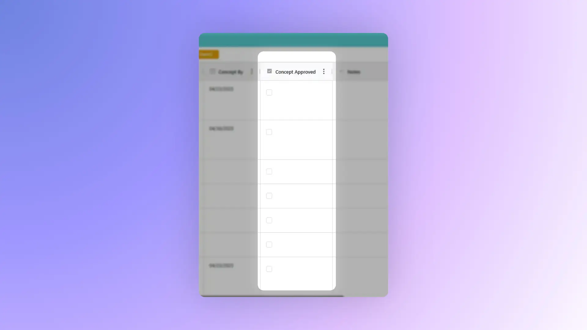 gen.video platform table interface for managing influencer partnerships, showing columns for concept dates, approval checkboxes, and notes.