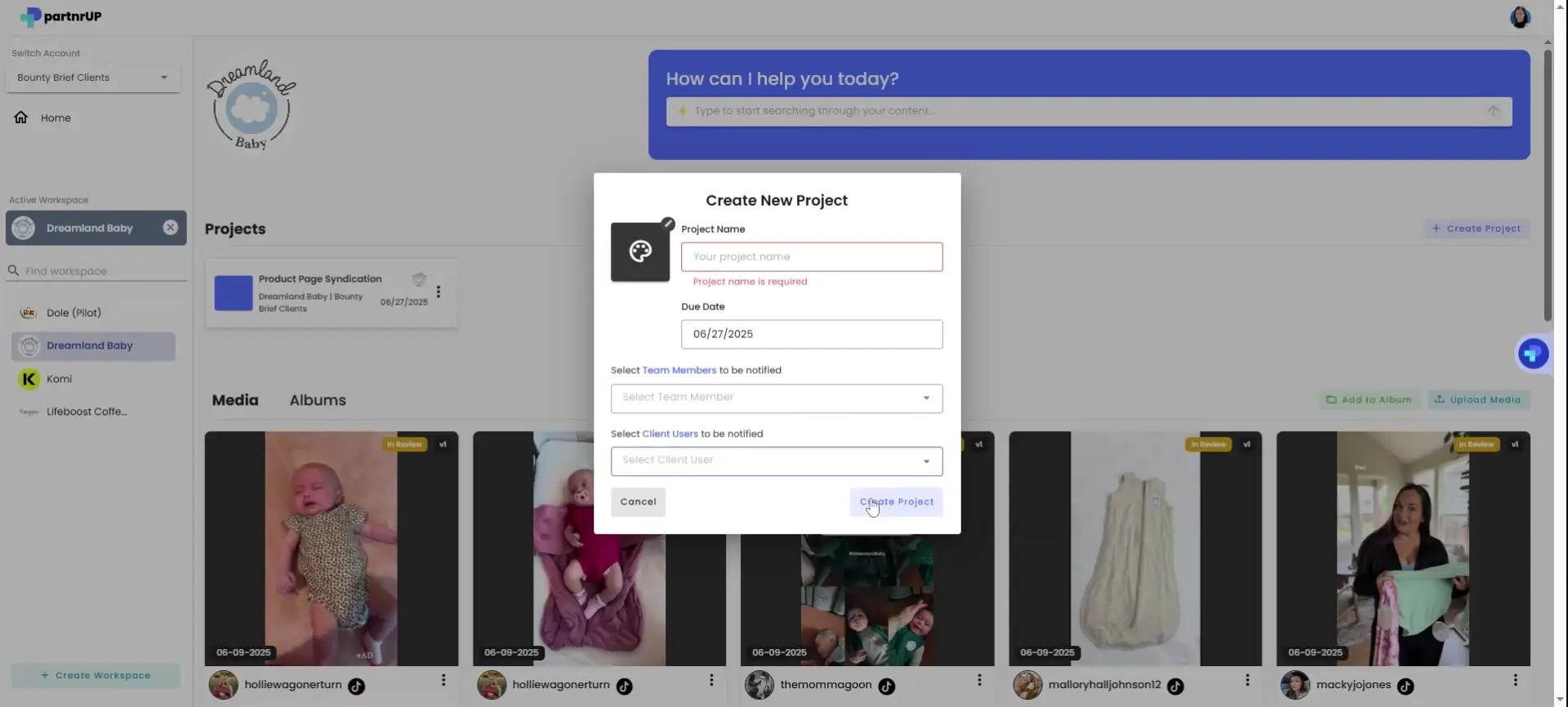 gen.video platform Create New Project screen with project details form and media thumbnails.