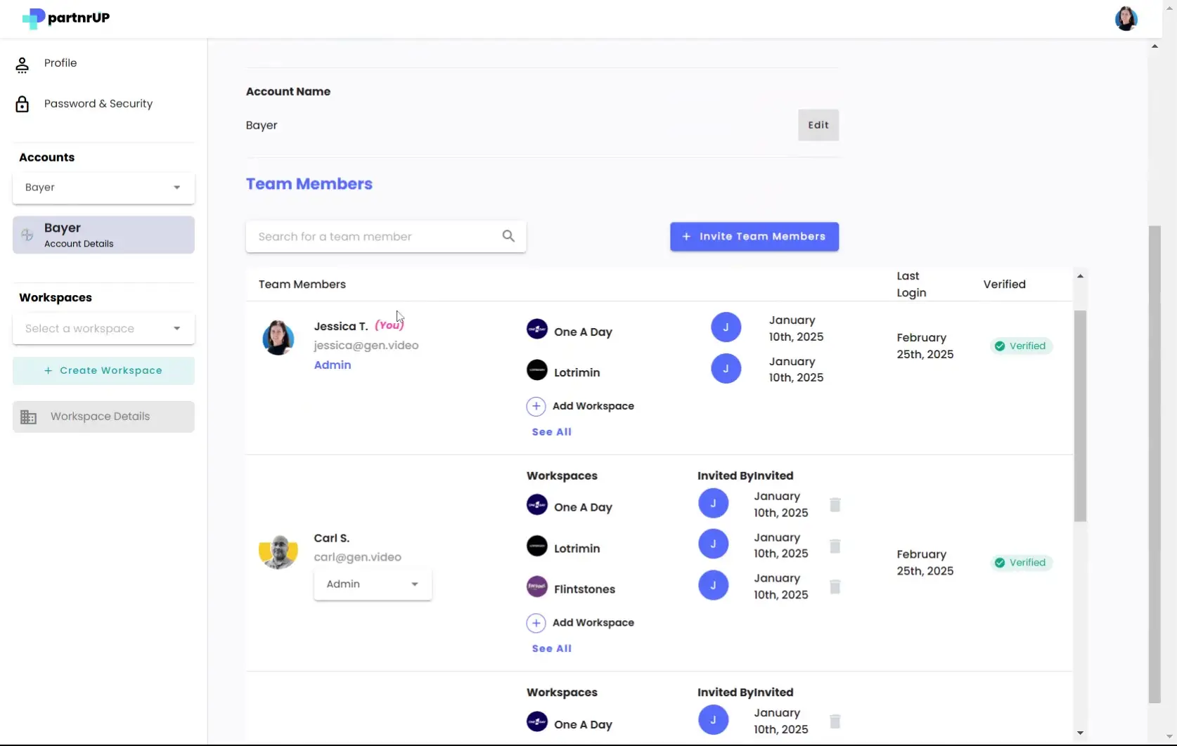 gen.video Account Settings page showing team members and workspace management options.