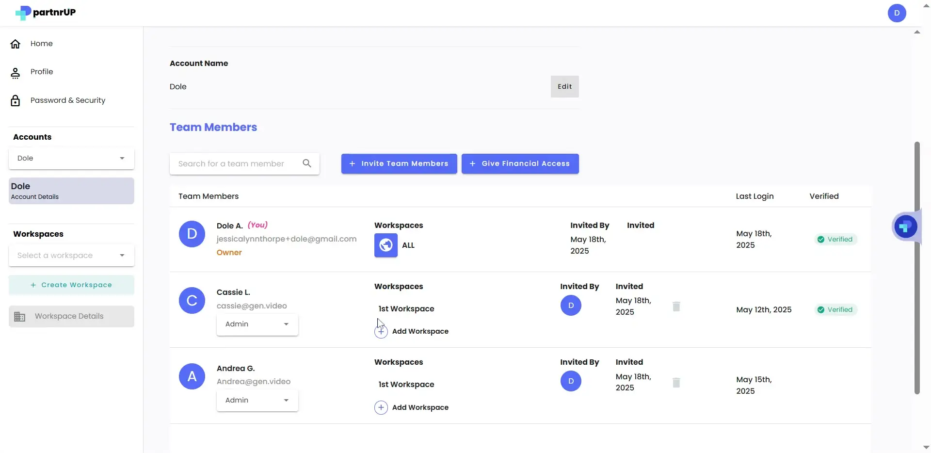 gen.video platform Team Members management page showing account name, team members list, and workspace options.