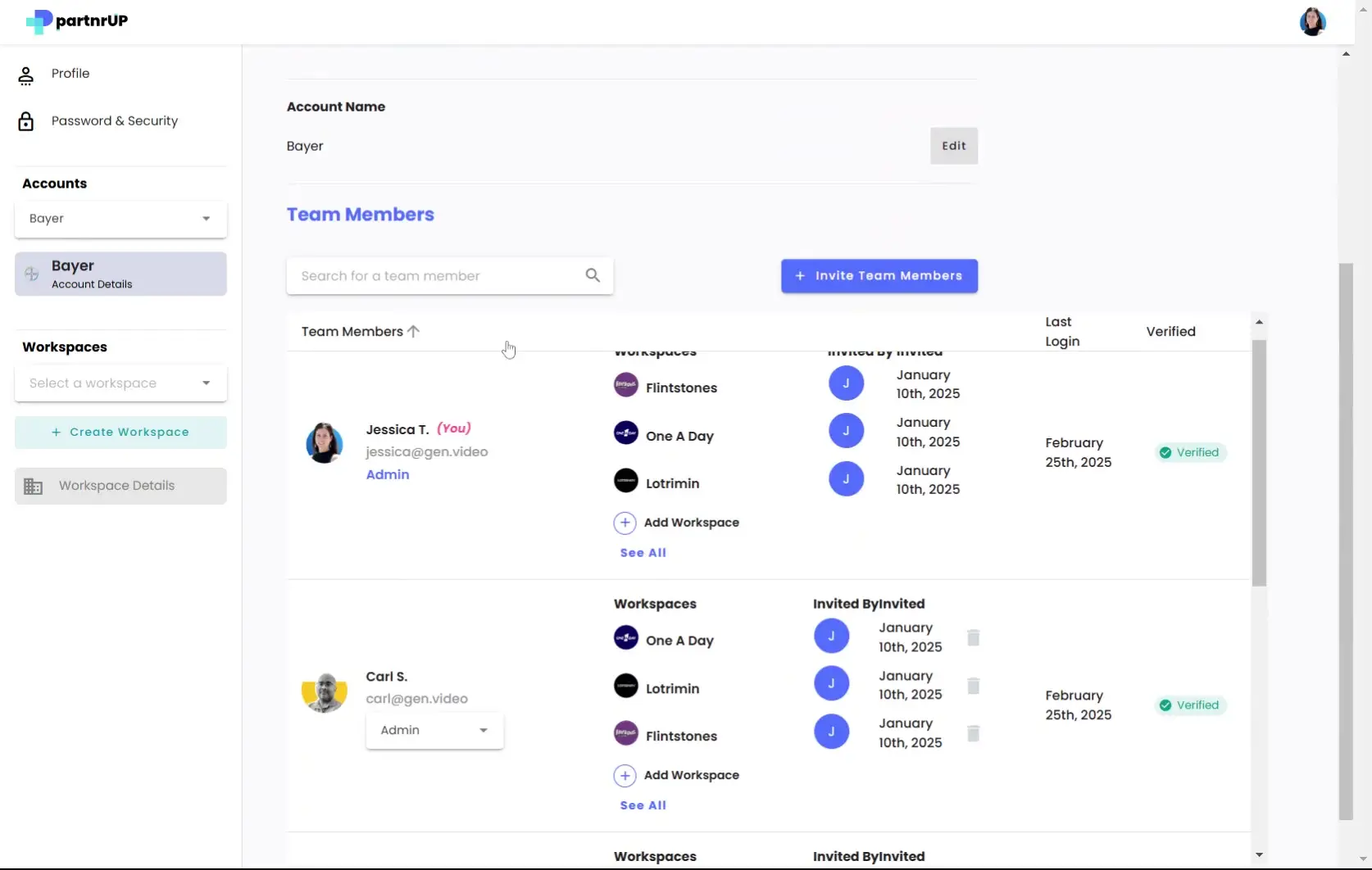 gen.video Account Settings page showing team members and workspace management for Bayer account.