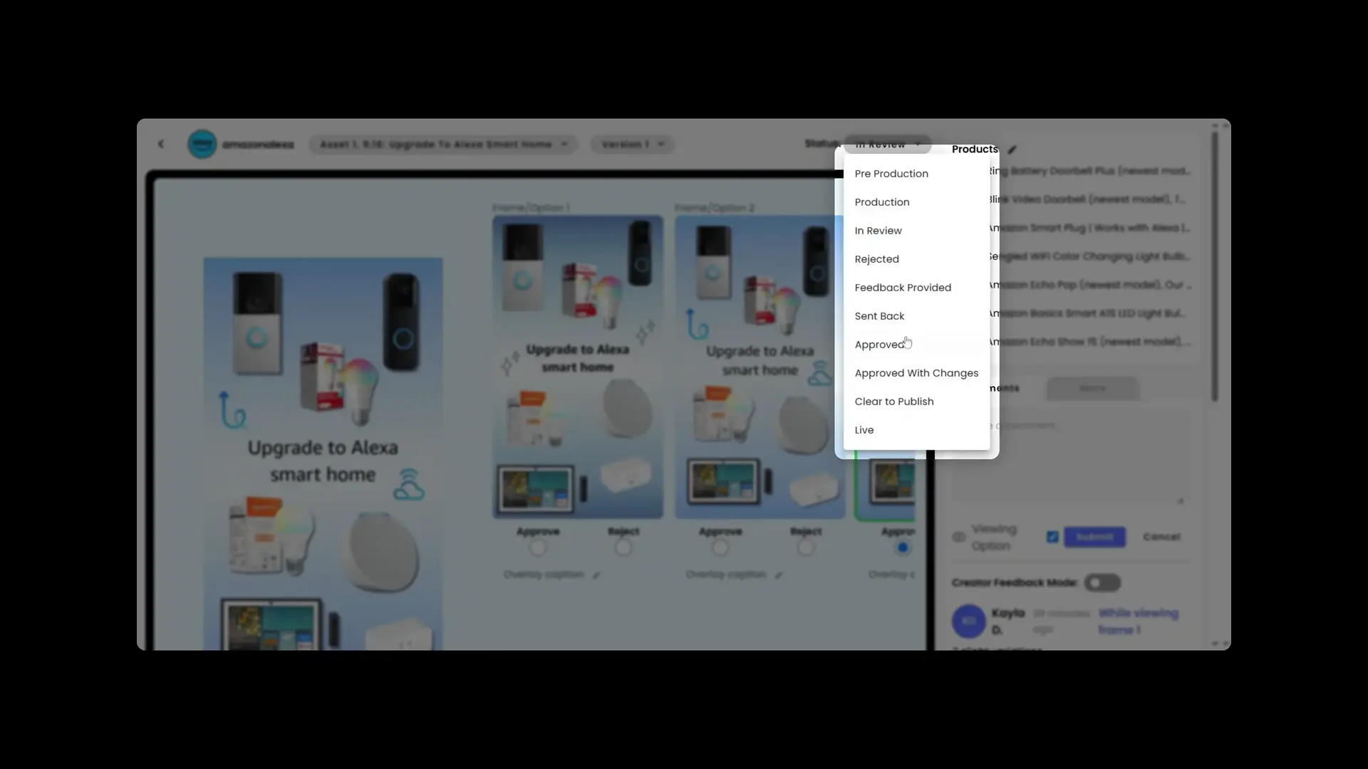 gen.video platform screen for managing influencer partnerships, showing Alexa smart home upgrade options and approval status.
