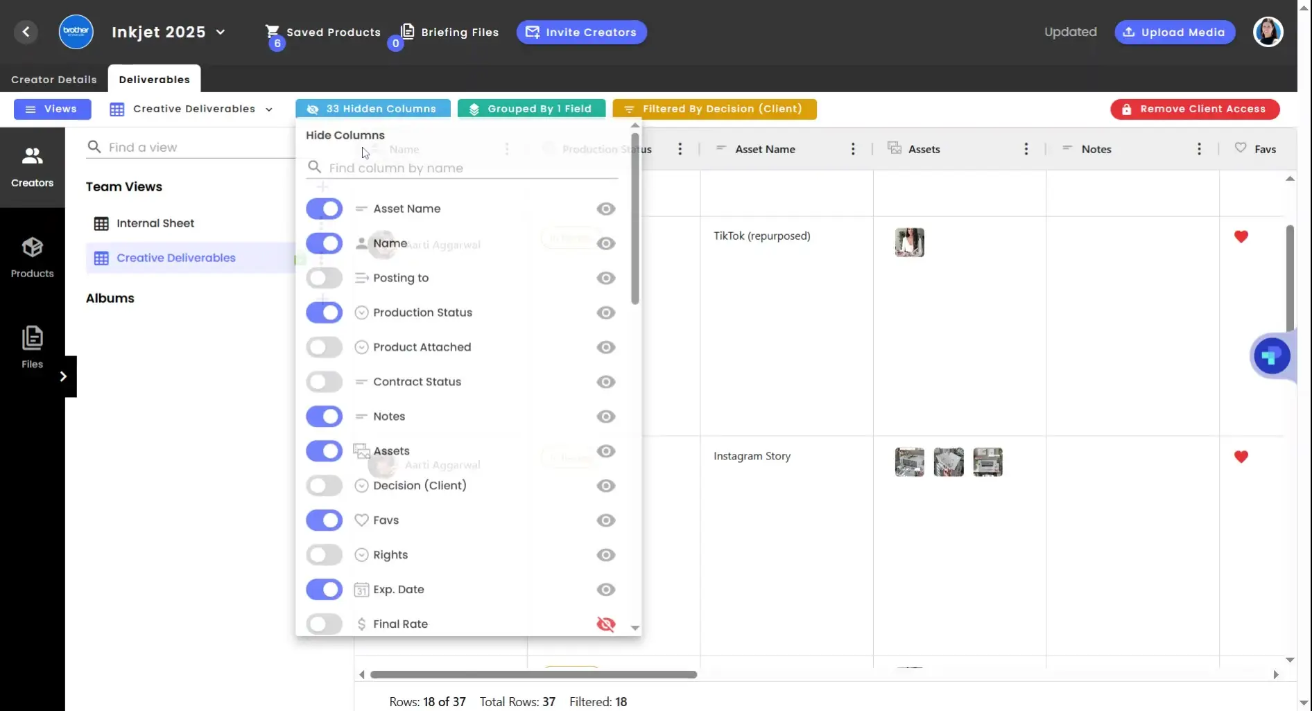 gen.video platform Creative Deliverables section with column visibility options.