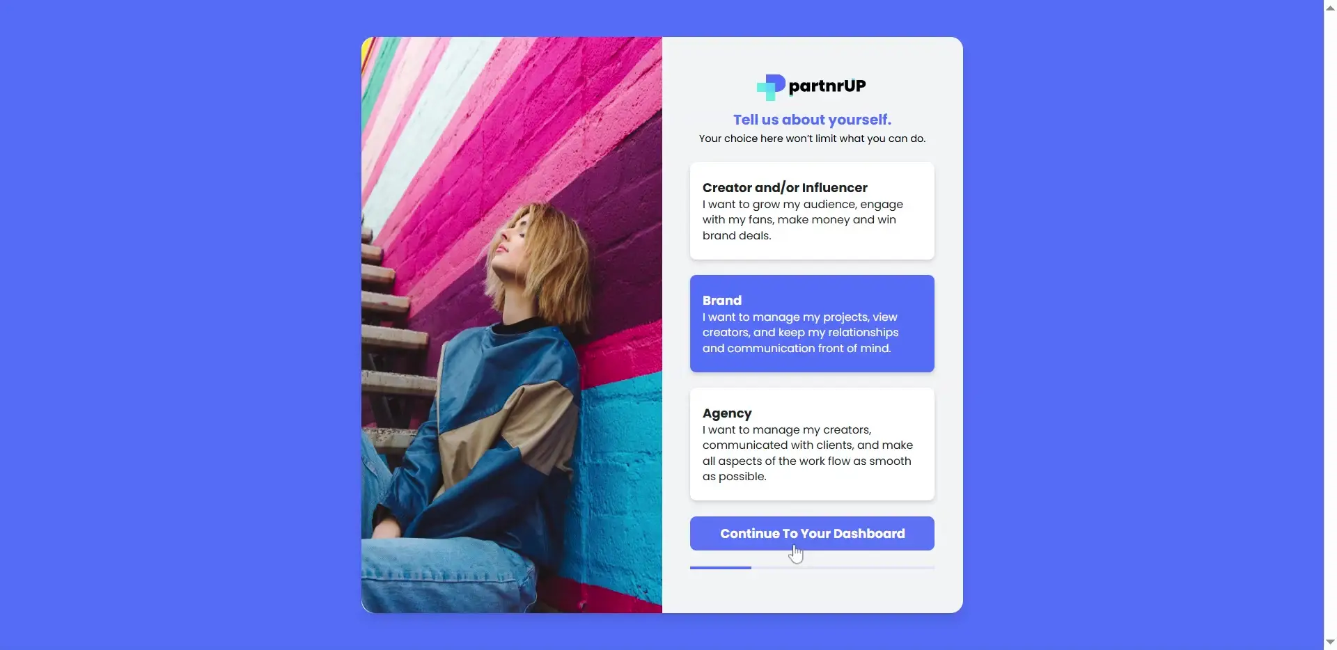 gen.video Getting Started screen with role selection options for Creator, Brand, and Agency.