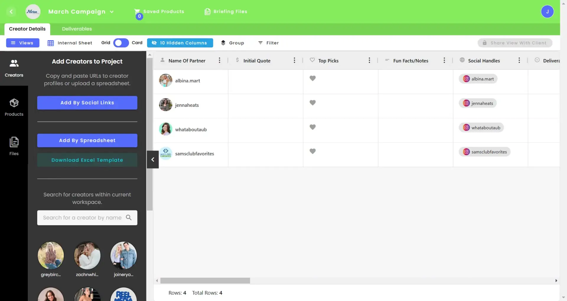 gen.video March Campaign Creator Details page showing options to add creators and a table of creator details.