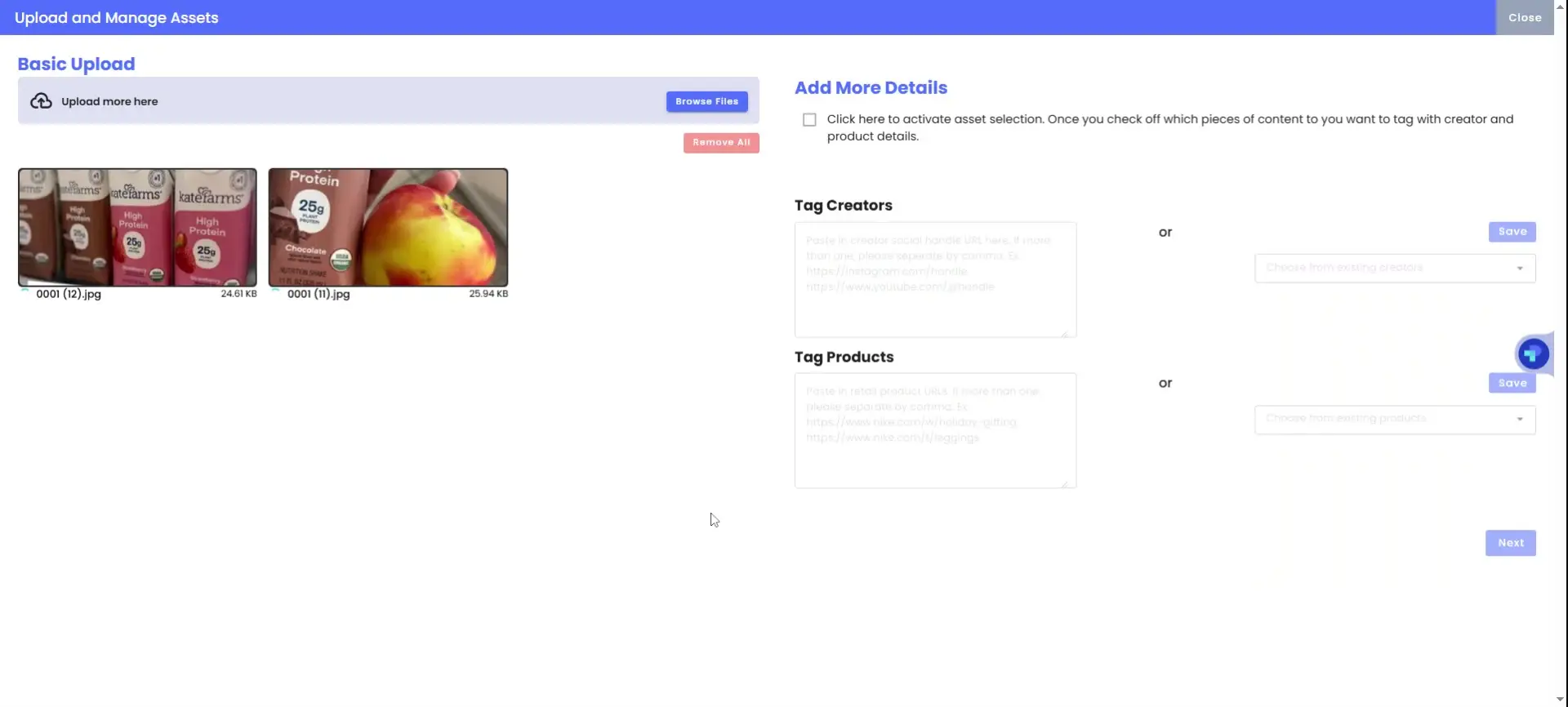 The user is in the "Upload and Manage Assets" section, where they can upload files and add details such as creator and product tags. The interface allows users to upload files, browse files, and add more details to the uploaded assets.