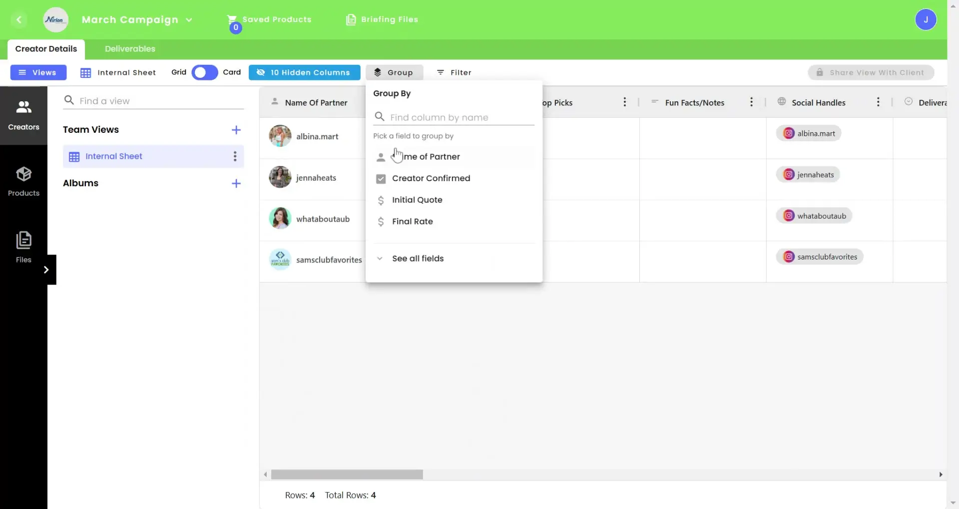 gen.video March Campaign content management screen showing creator details and grouping options.