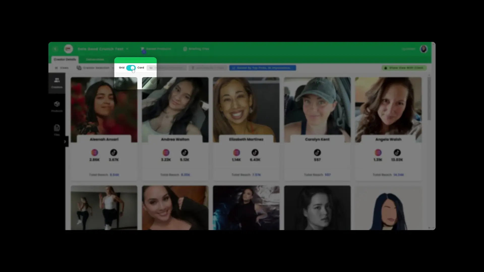 gen.video Manage Influencer Partnerships screen showing influencer profiles with social media stats.