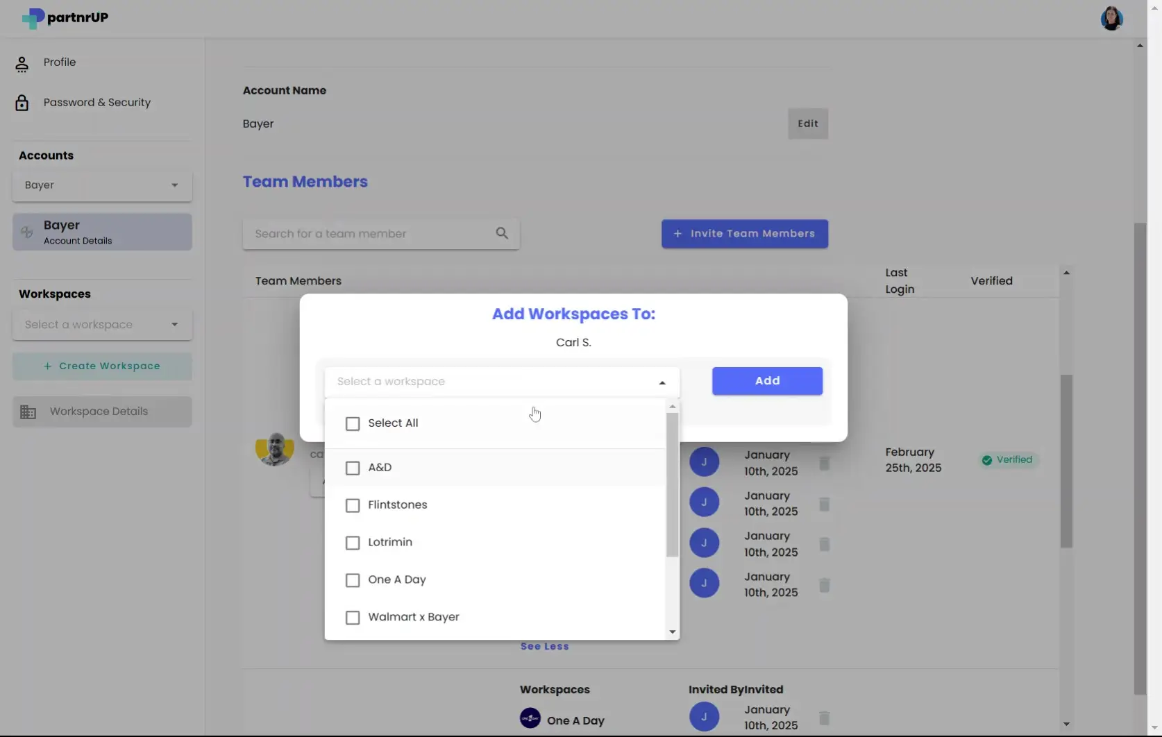 gen.video Account Settings - Add Workspaces to Team Member