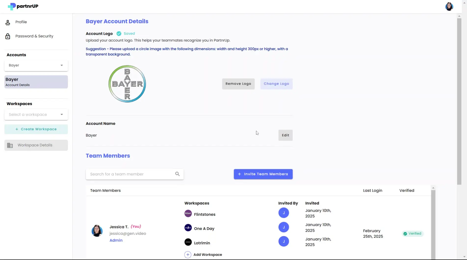gen.video Account Settings Bayer Account Details page