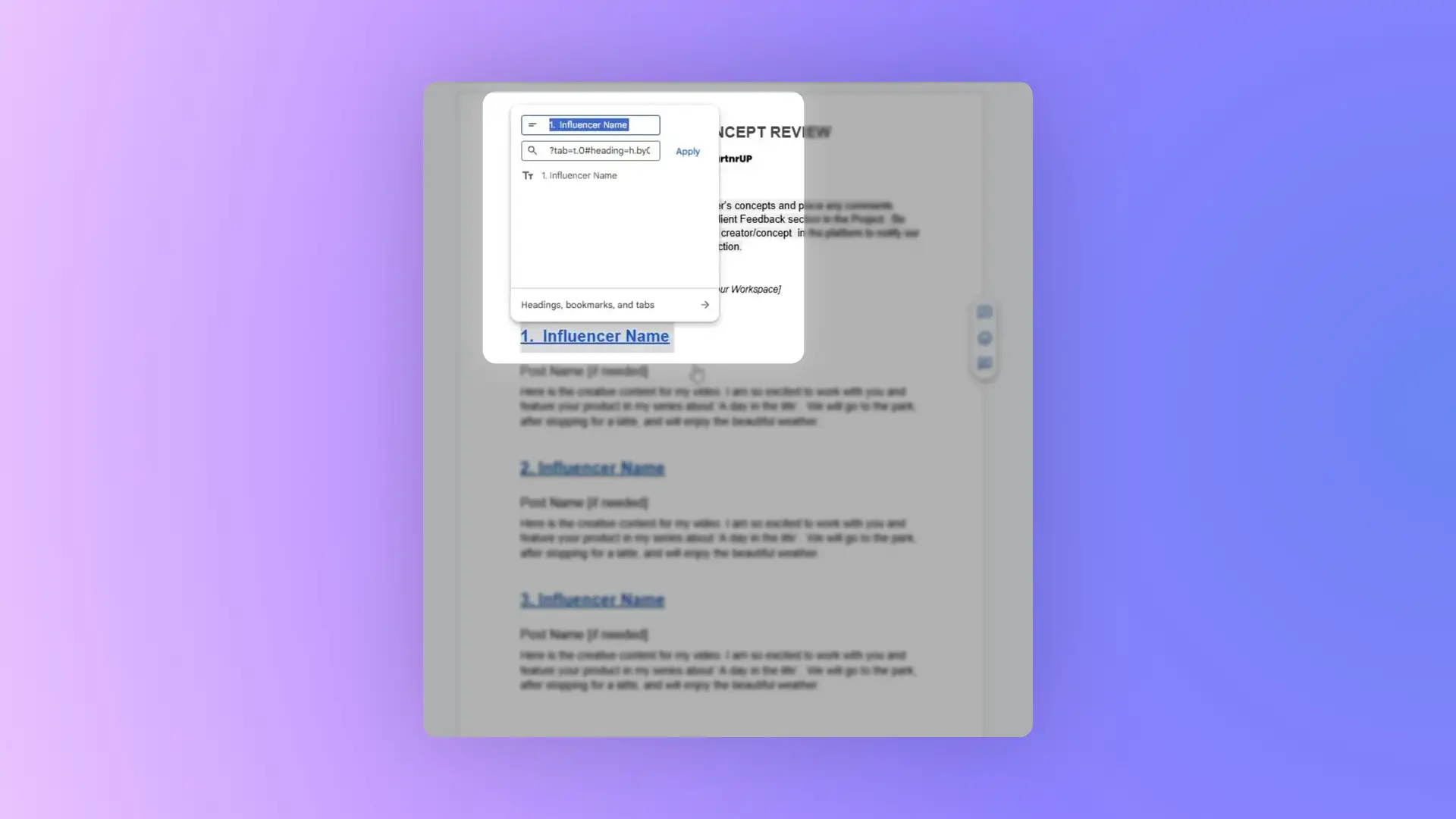 Google Docs interface showing a document for influencer concept review with navigation menu open.