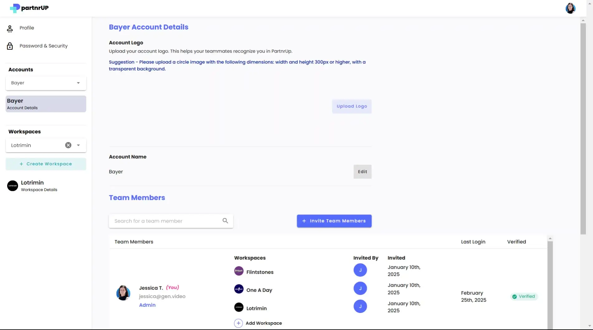 partrnUP Bayer Account Details page showing account logo upload, account name, and team members management.