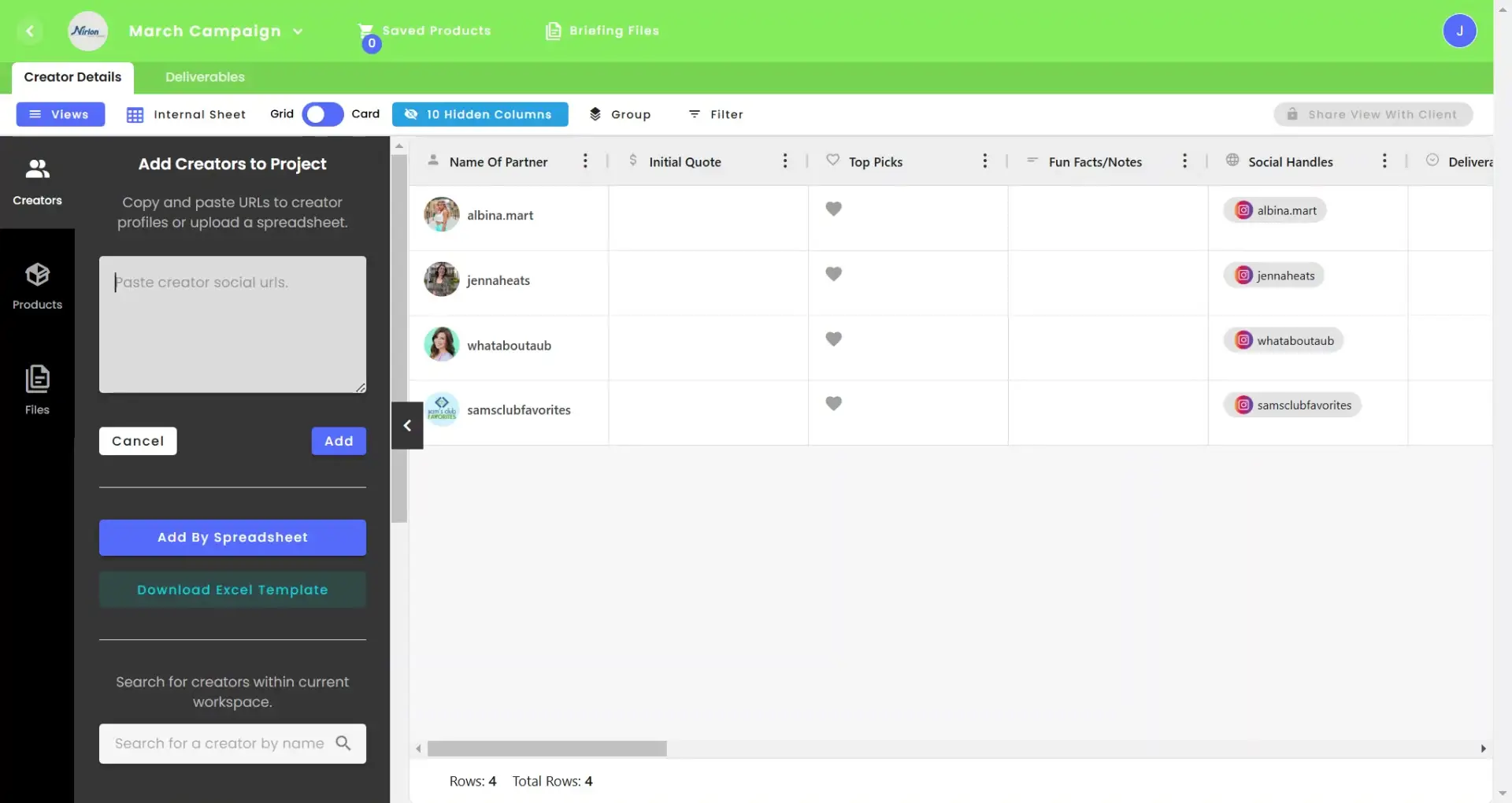 gen.video March Campaign content management screen showing creator details and options to add creators to a project.