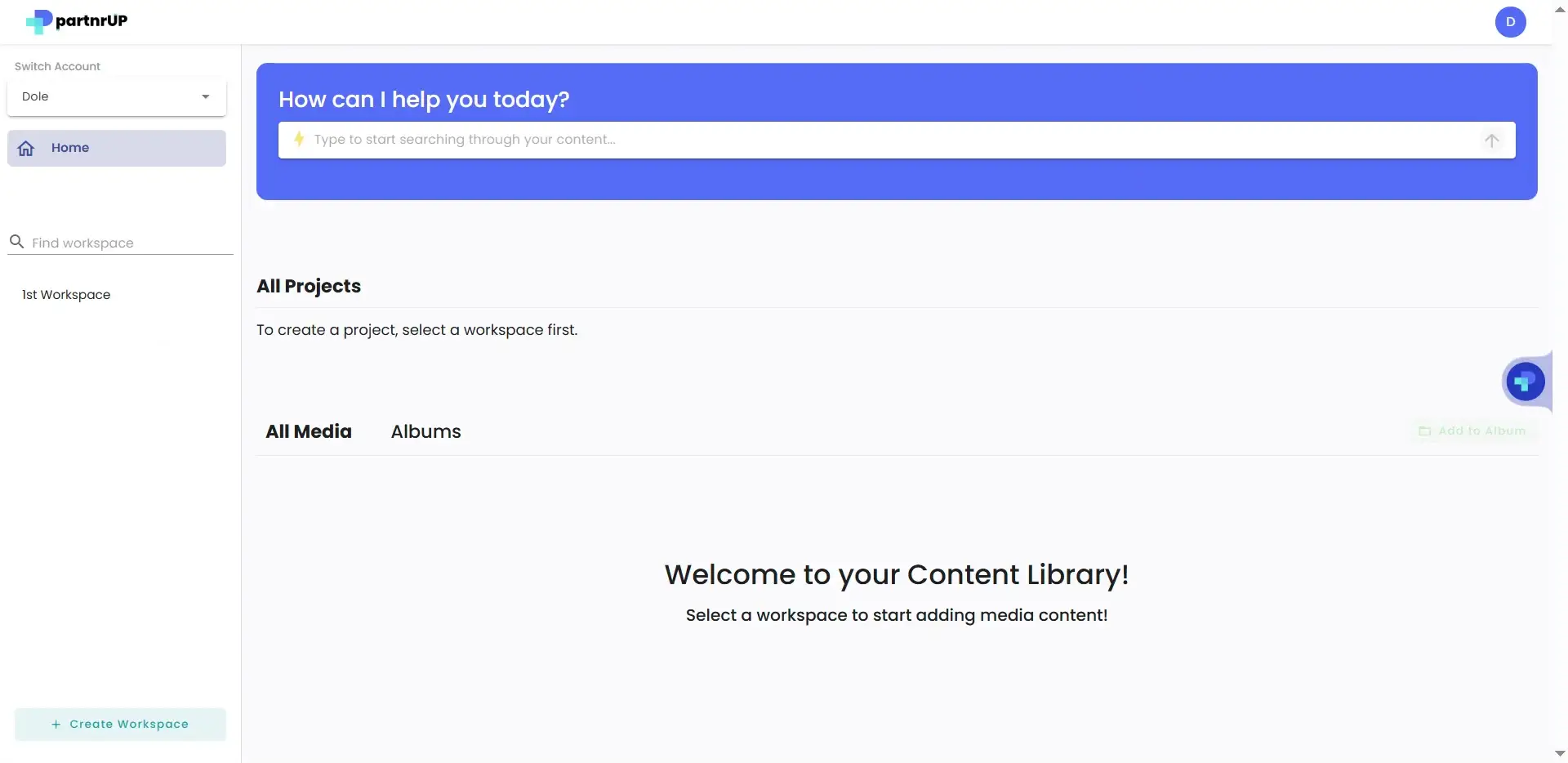 gen.video platform content library interface with workspace selection and project creation options.