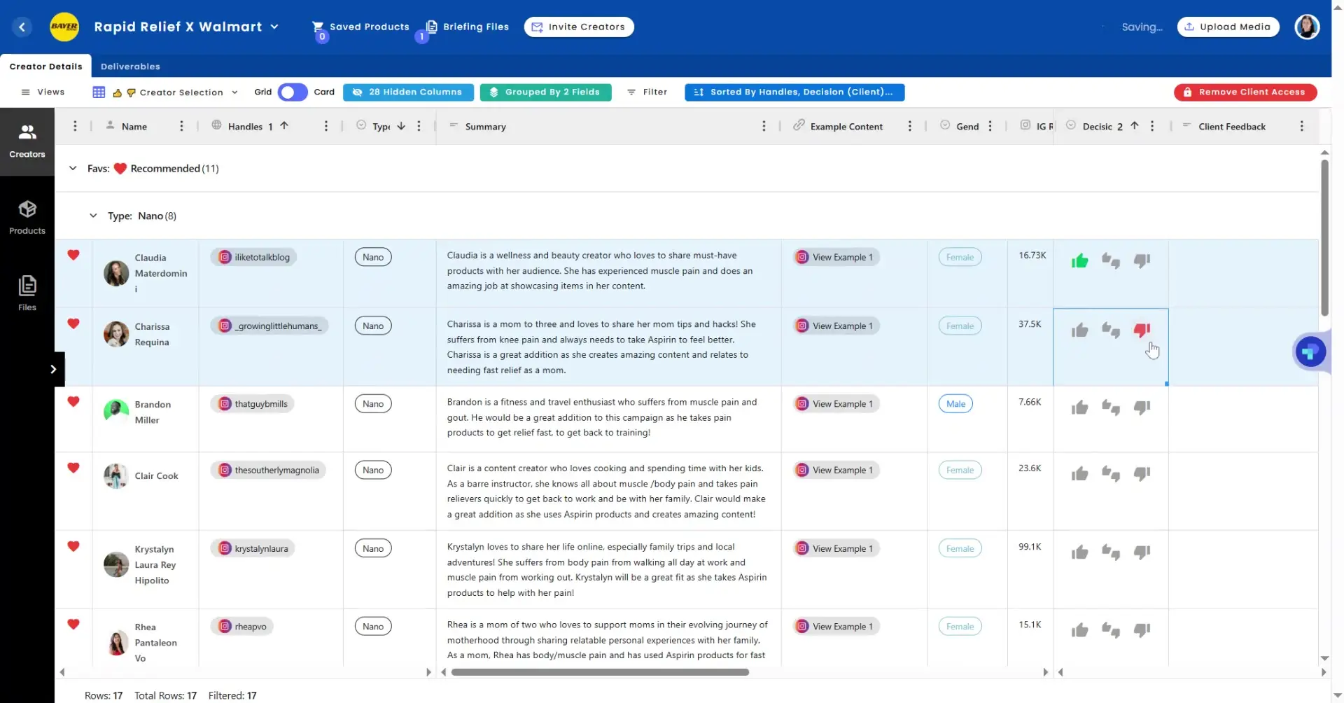 gen.video Manage Influencer Partnerships screen for Rapid Relief X Walmart campaign showing influencer details and options.