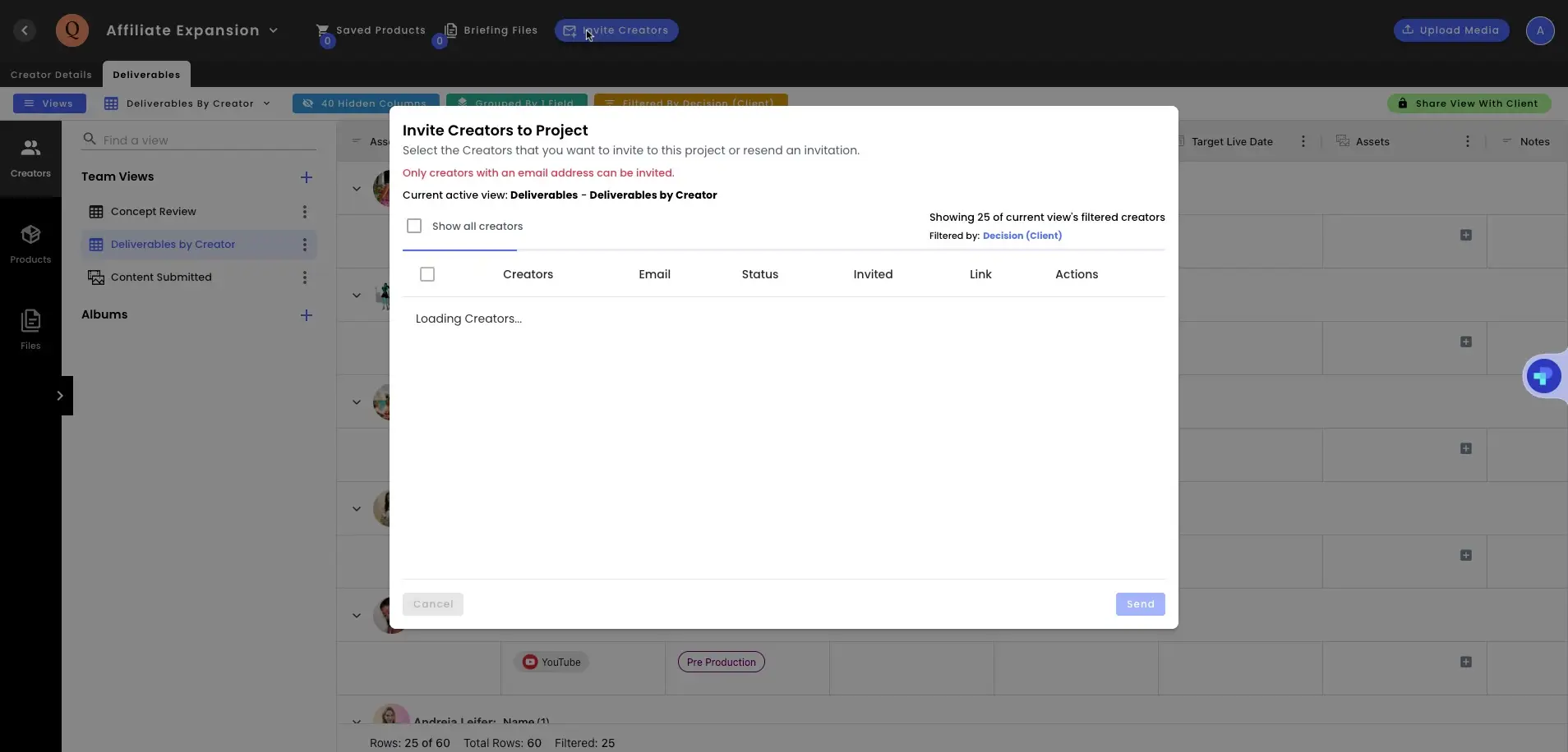 gen.video platform, Invite Creators to Project screen under Deliverables by Creator view.