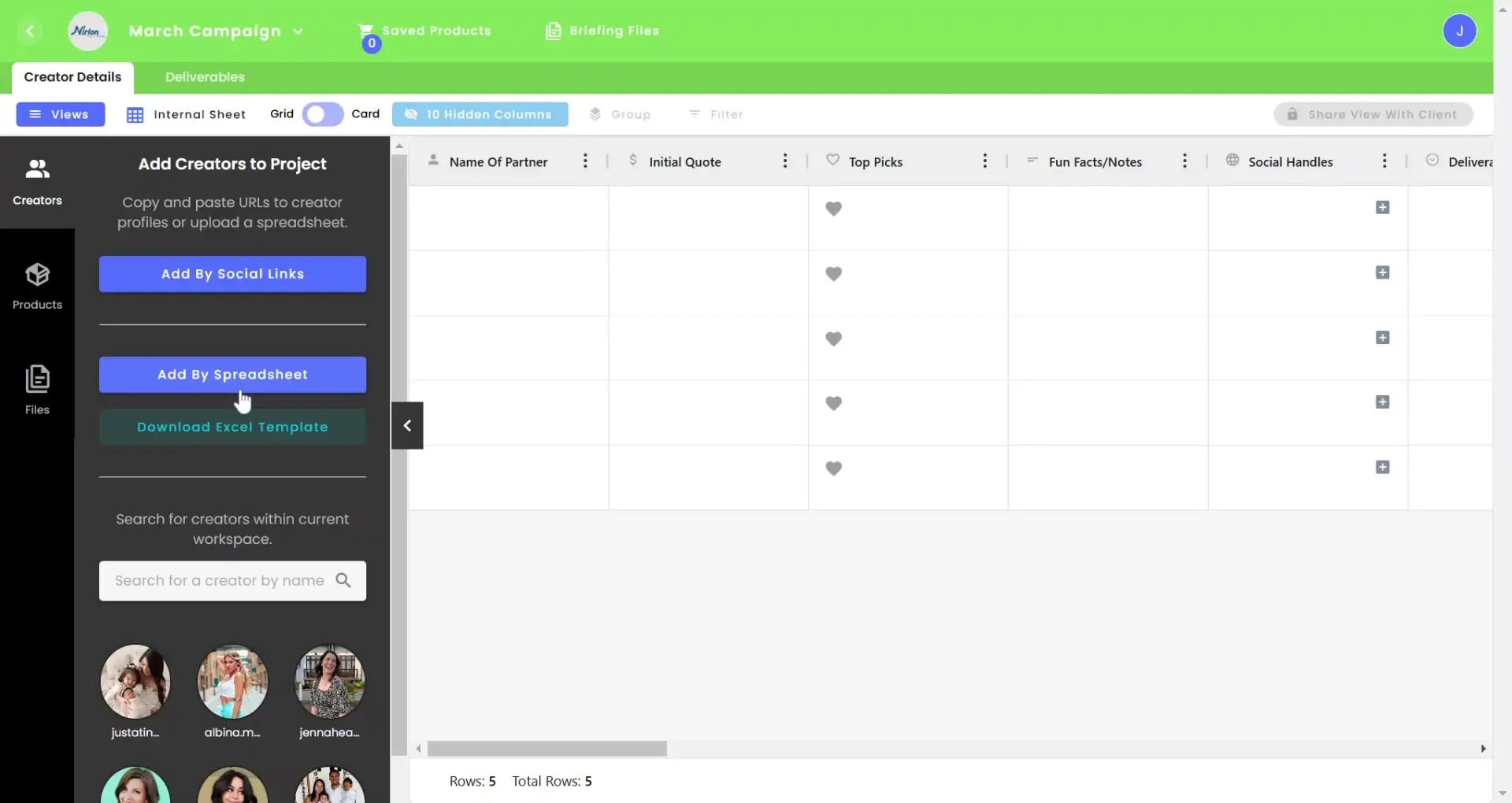 gen.video March Campaign Creator Details screen for adding creators to a project.