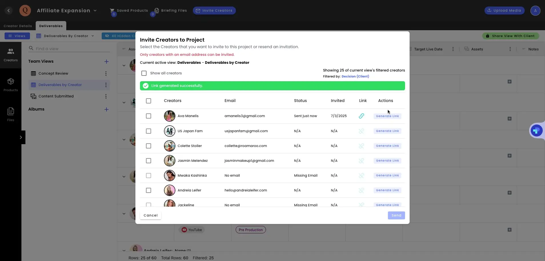 gen.video platform, Invite Creators to Project screen in Deliverables by Creator view