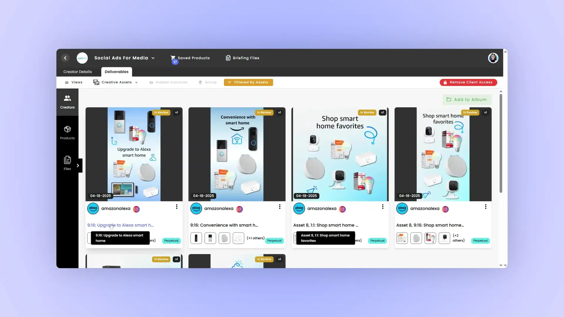 gen.video platform Deliverables tab showing smart home product assets in review.