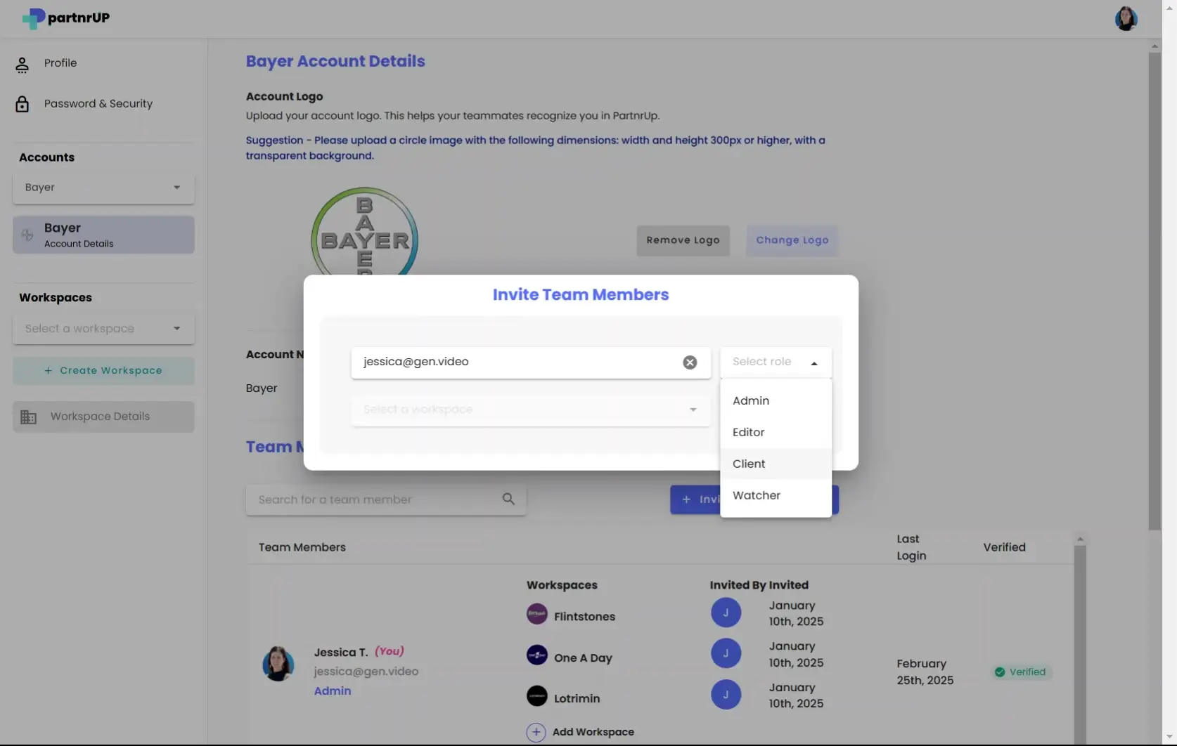 gen.video Account Settings - Invite Team Members screen