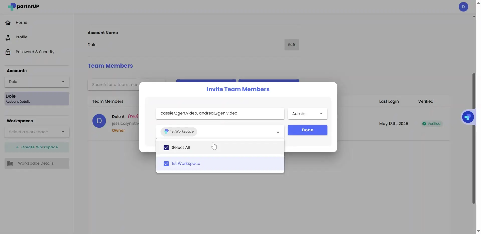 gen.video platform Invite Team Members dialog box