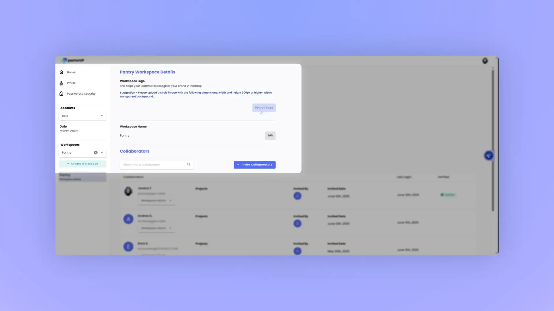 partrnUP Pantry Workspace Details page showing workspace logo upload, workspace name, and collaborators list.