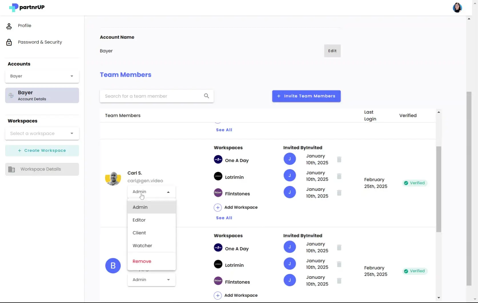 gen.video Account Settings page showing team member management for Bayer account