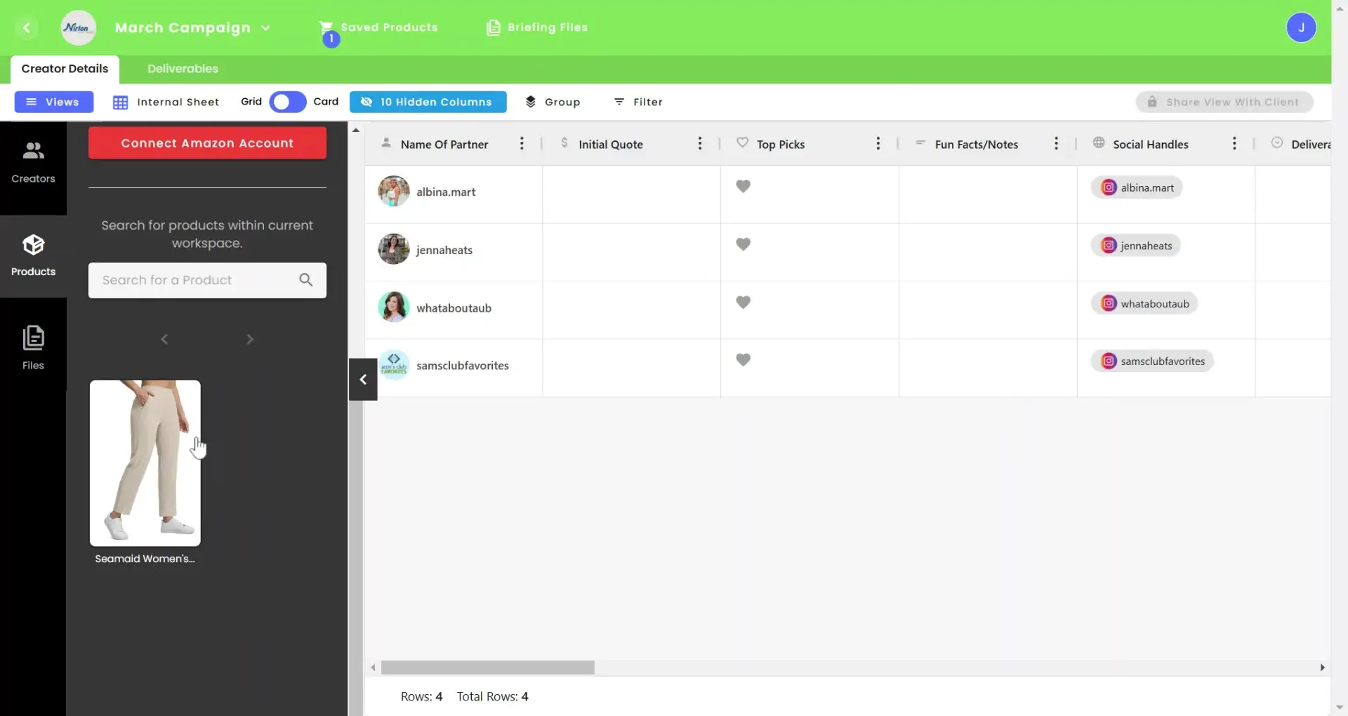 gen.video March Campaign Manage Influencer Partnerships screen showing influencer details and product search.