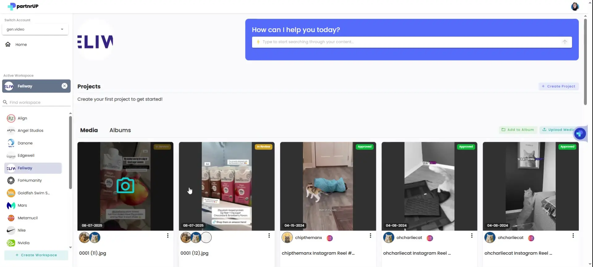 The screenshot displays the gen.video platform's media section, showcasing a collection of uploaded media assets, including images and videos, with options for album organization and project creation.