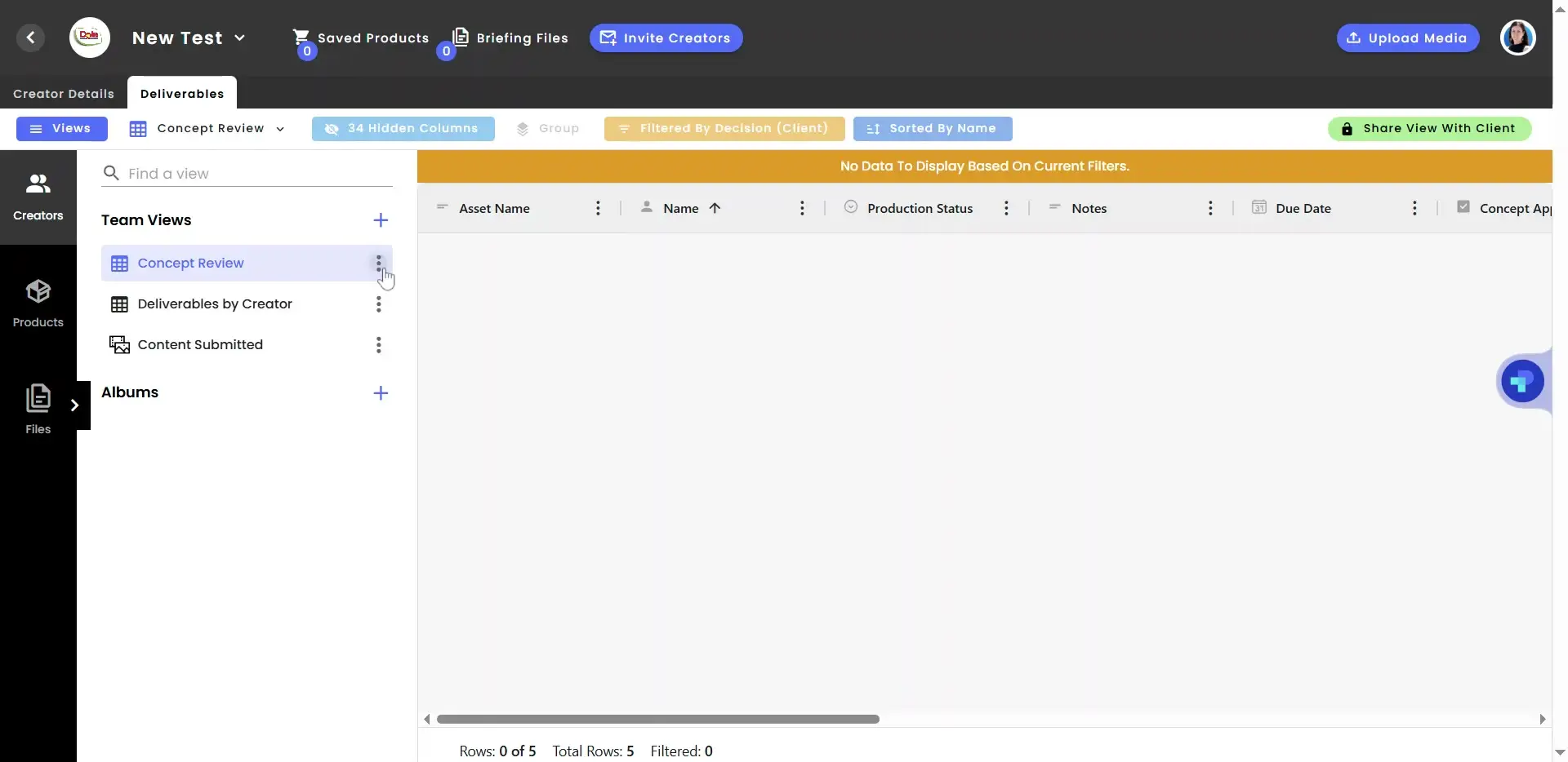 gen.video platform Deliverables tab in New Test project showing Concept Review view with no data displayed.