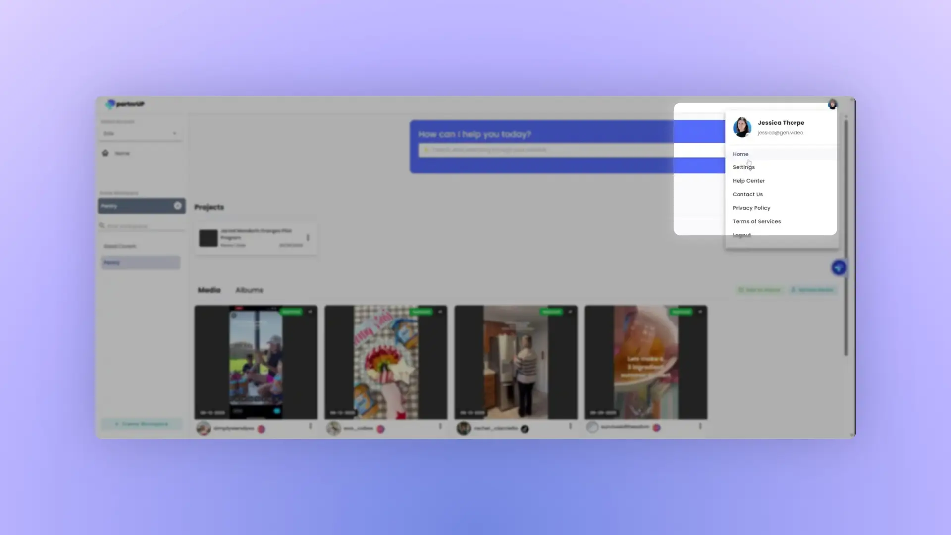 gen.video platform interface showing account settings and media management features.