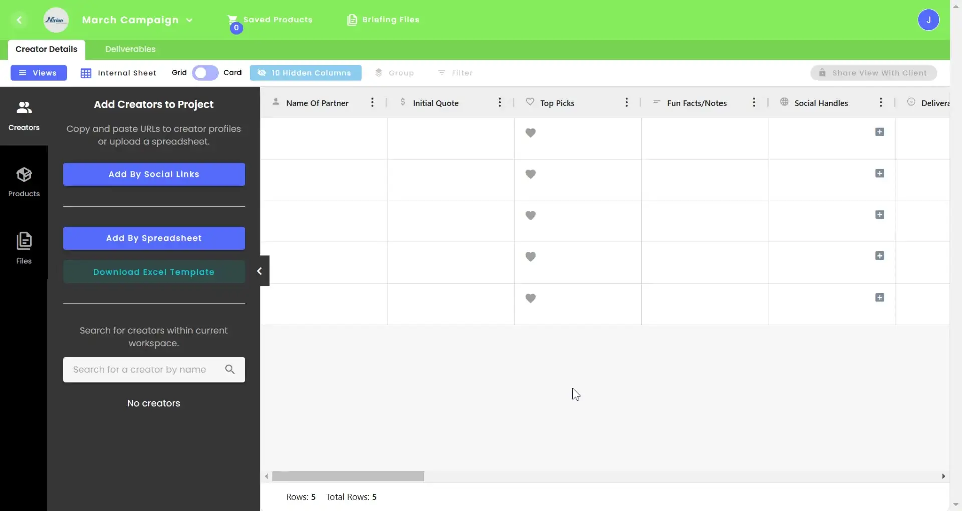 gen.video March Campaign Creator Details screen showing options to add creators and a table of creator details.