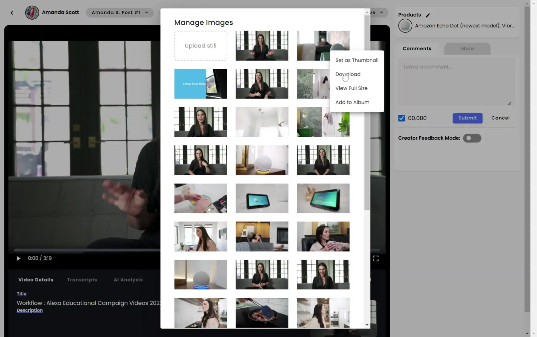 gen.video platform Manage Images interface with image grid and management options