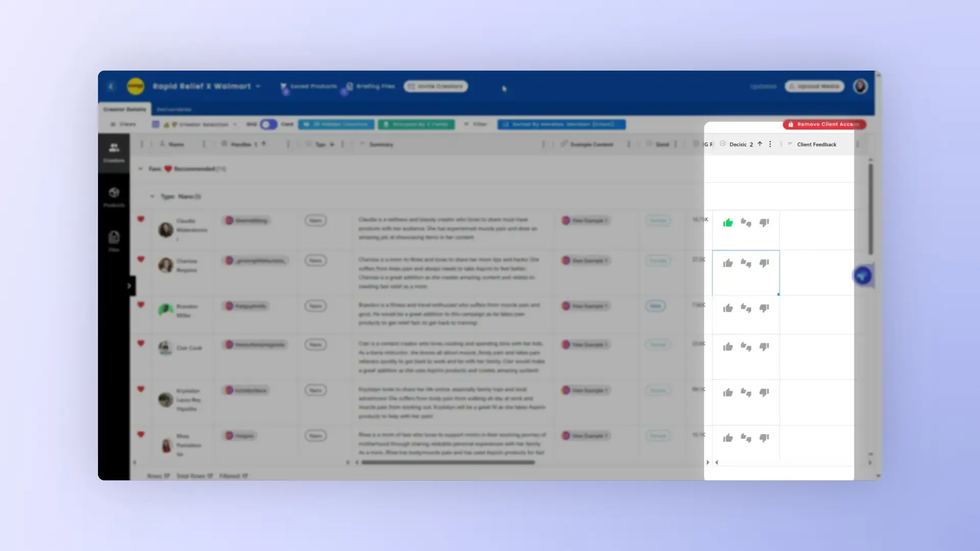 gen.video platform Creator Details for Rapid Relief X Walmart campaign showing influencer list and details.