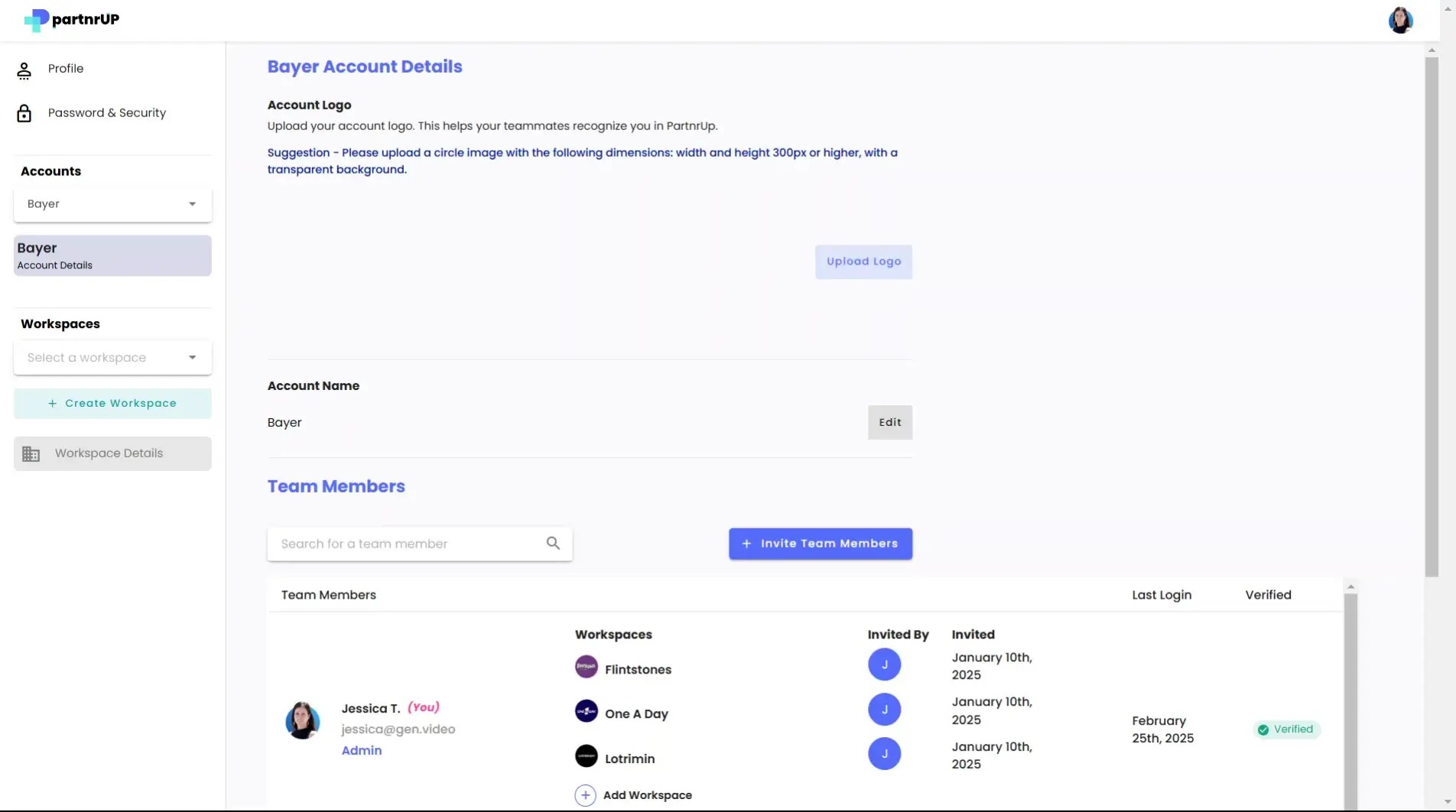 gen.video Account Settings Bayer Account Details page