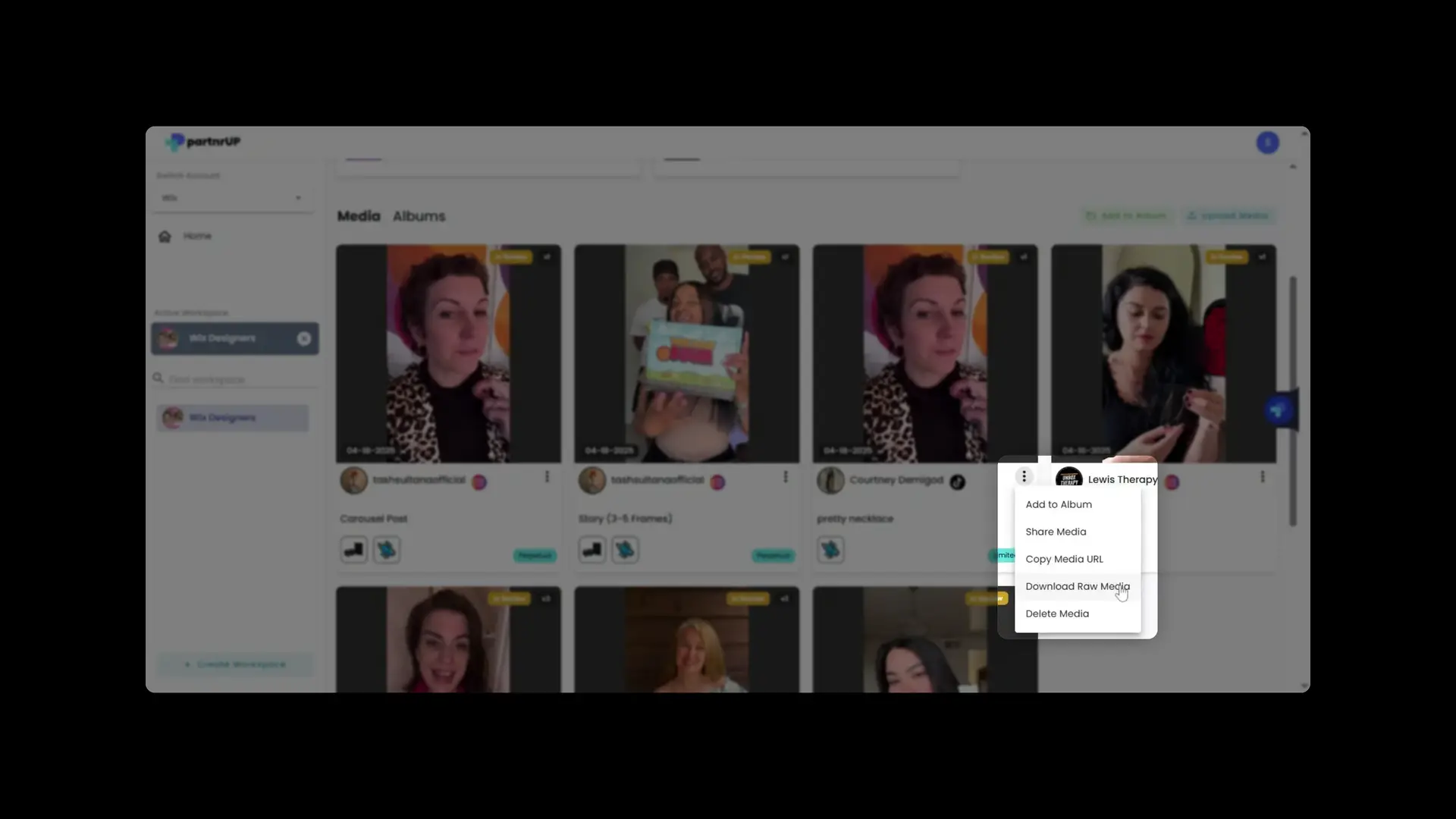 gen.video platform Media section in Wix Designers workspace showing video thumbnails with options to manage media.