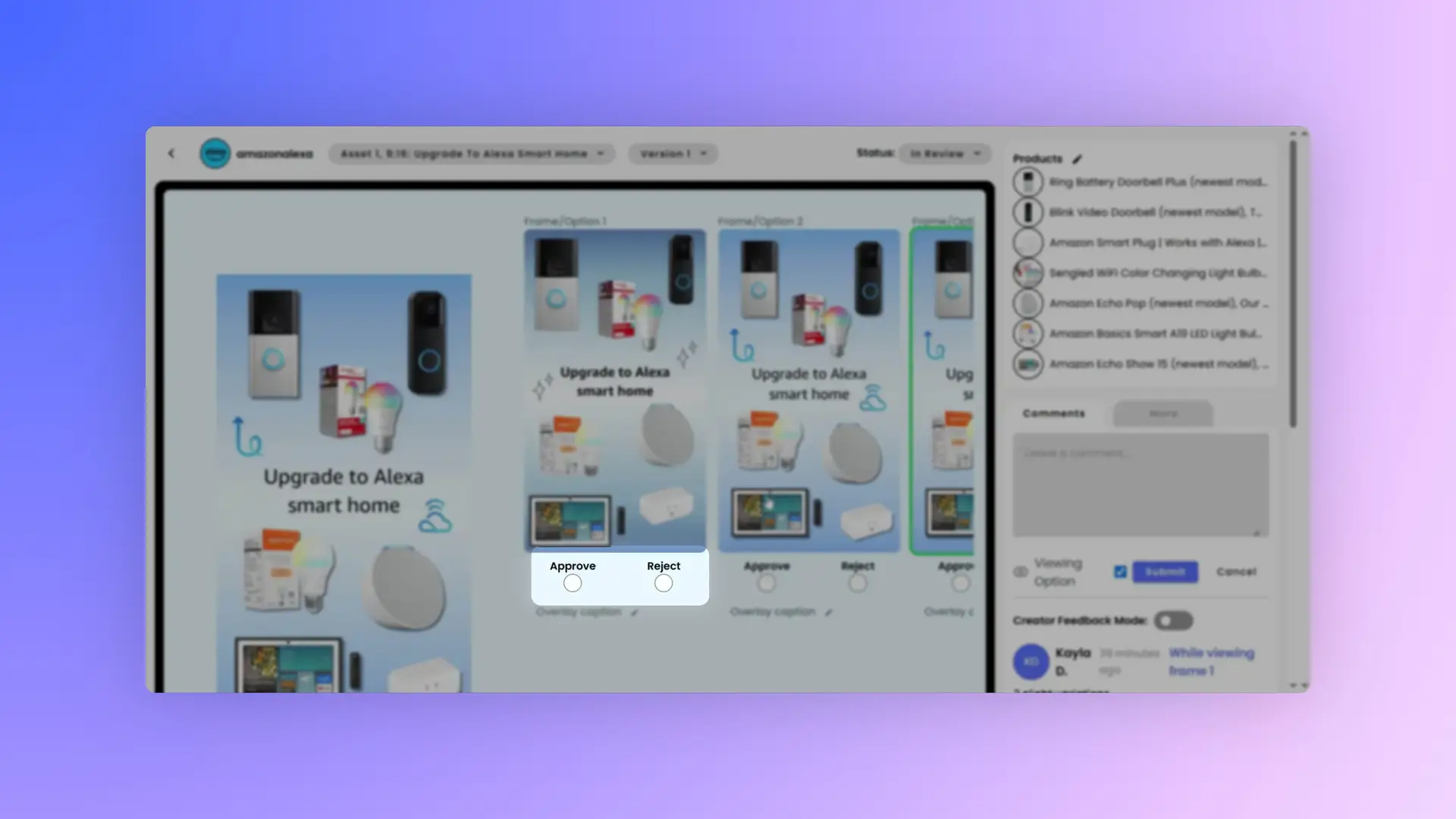 gen.video platform interface for reviewing Alexa Smart Home campaign assets.