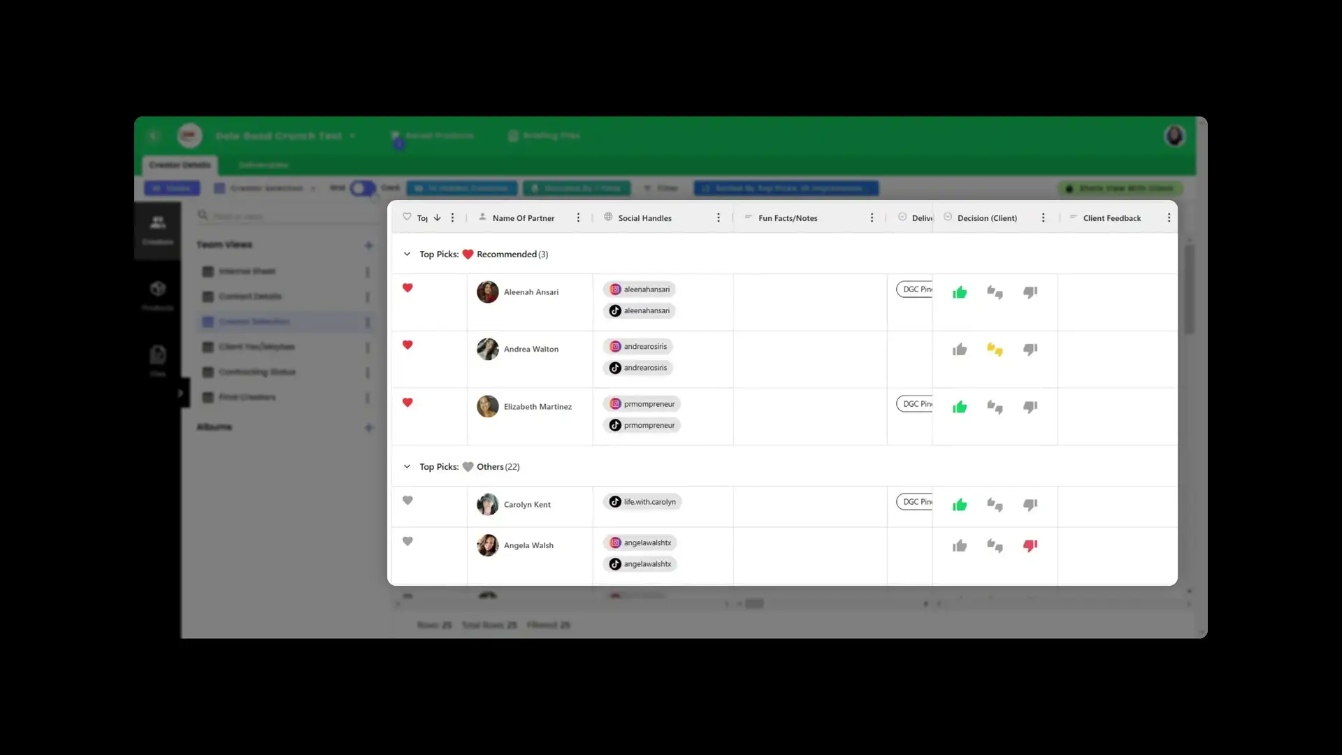 gen.video platform Creator Selection view for managing influencer partnerships.